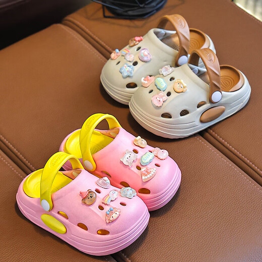 EVA new summer two-color cute cartoon boys and girls non-slip, wear-resistant, breathable, home hole shoes, khaki crystal 32, inner length 20cm