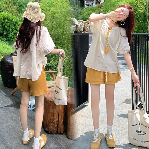 Ranqis Mutterschaftsanzug, Sommeranzug, modische und modische koreanische frisch gestickte altersreduzierende Hemd, Top, Shorts, zweiteilige Sommer-Set, Top + Shorts (Anzug) m
