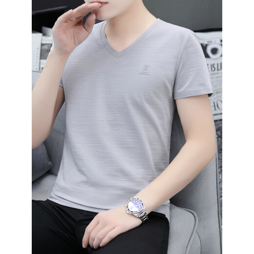 Lilang hochwertiger Sommer Pure Cotton V-Neck Jungen kurzärmelig T-Shirt Herrenmodik Mody Brand Solid Color Ice Seide halbärmelige neue Top-Basis Weiß Q693 Kurzärärmig M Empfohlen 90-100jin [Jin gleich 0,5 kg]