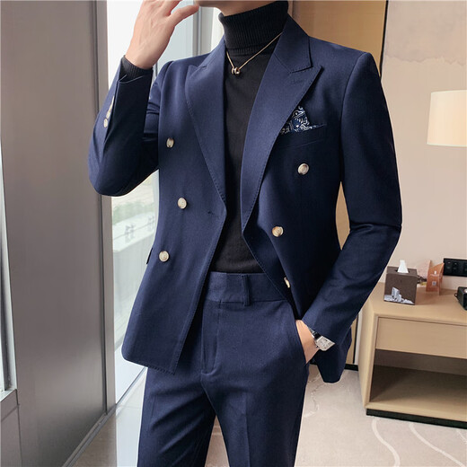 Jason's casual suit men's slim British double-breasted suit suit men's business professional formal groom's wedding dress blue (suit + pants) XL