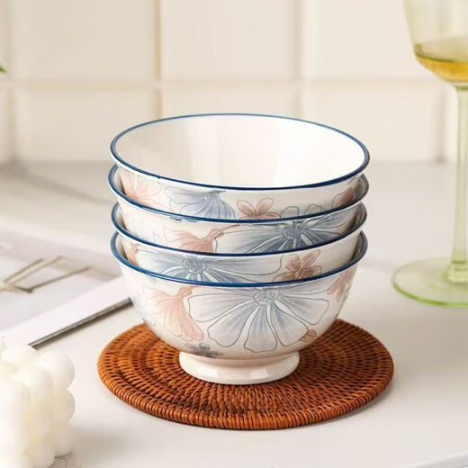 European-style high-looking 4.5-inch household ceramic rice bowl with underglaze color 4.5-inch large brown flower salad bowl 2 pieces