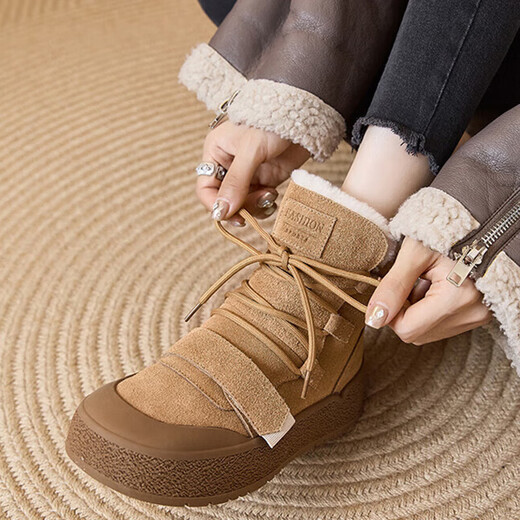 Nosskiss Luxury High-End-Marke Matte Leder Schneestiefel für Frauen 2025 Neue Wolle und Samt warme runde Zehe Casual Stiefel Kamelfarbe [Verdickte Wolle Innenfutter] 37