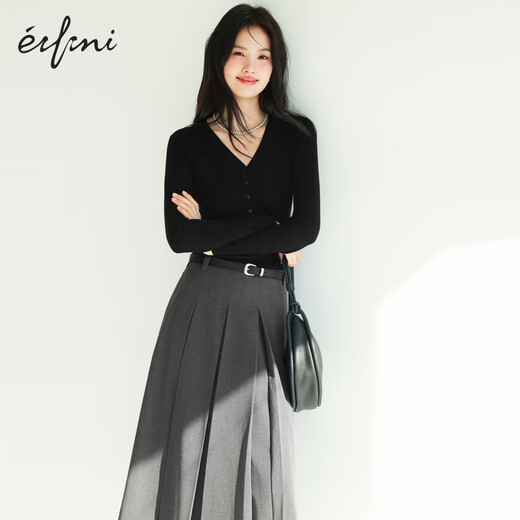 EIFLI (EIFINI) EIFLI Classic Simple Texture plisado Falda larga para mujeres 2025 Autumn New Versatile Casual Commuter Skirt, Sandalwood Gray, versión media de longitud media, cinturón libre con un solo pedido l 110-125Jin [Jin equivale a 0.5 kg]