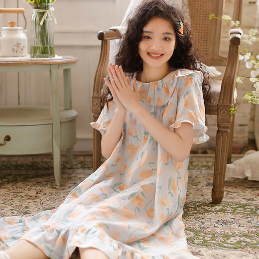 Yalu Summer Women's Pure Cotton Double-couche Gauze Gauze Nightgown japonais Sweet and Cute Short à manches à manches courtes moyennes Pyjamas à domicile 3893 Rose broderie L: (suggéré 110-125 Jin [Jin est égal à 0,5 kg]))
