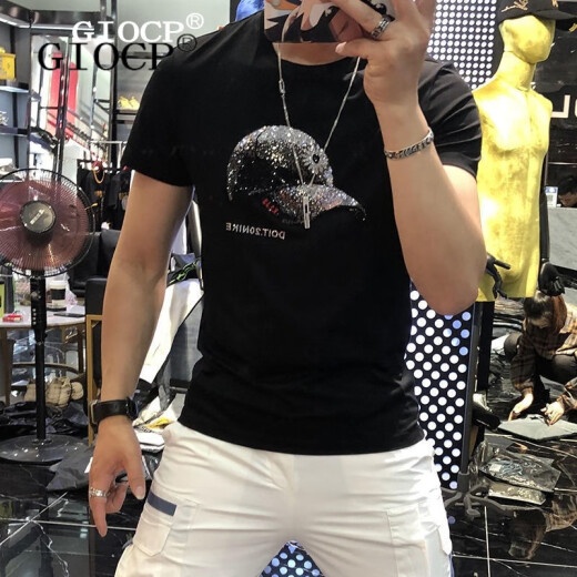 GIOCP香港潮牌夏季新款丝光棉帽子烫钻短袖网红个性潮流修身半袖T恤男 桔红色 733 帽子 4XL