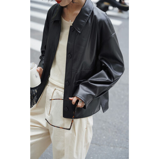 LE BEMIO line drawing workshop 2025 new black loose short leather jacket for spring leather jacket for women black pre-sale M