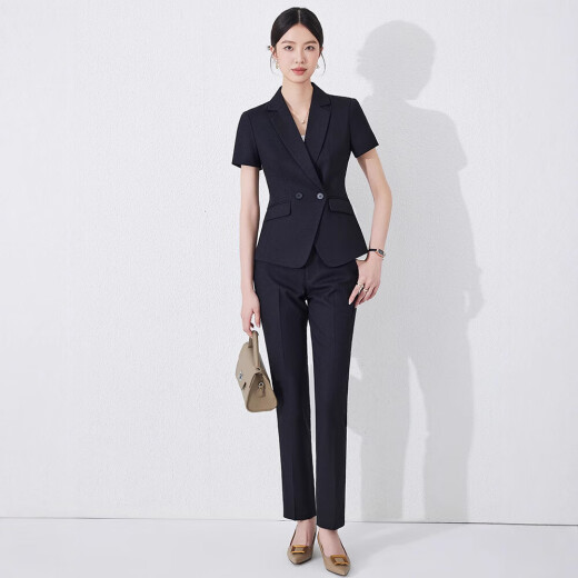
Summer professional suit short-sleeved small suit collar coat for women new style hotel front desk workwear formal suit waist-hugging work new style blue single piece suit (JY6210) S