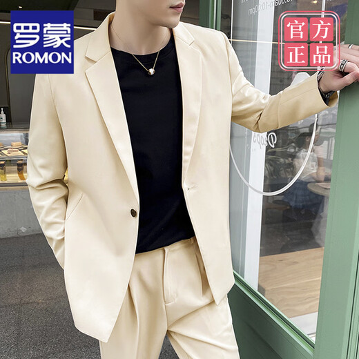 Romon (Romon) Traje casual guapo para hombres en primavera y otoño, estilo ligero y maduro, chaqueta de traje cayendo y versátil para hombres, traje de alta gama de Internet Celebridades de alta gama + pantalones de nueve puntos (set de 2 piezas) (90-jin [Jin equivale a 0.5 kg])