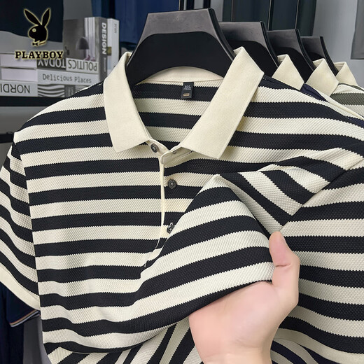 Playboy; PLAYBOY short-sleeved T-shirt for men 2025 new striped lapel casual half-sleeved summer loose thin men's short-sleeved polo shirt L9906 dark blue M 165 recommended 90-120Jin [Jin equals 0.5 kg]