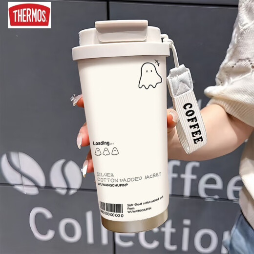 膳魔师（THERMOS）可爱幽灵保温杯高颜值学生不锈钢便携新款双饮咖啡男女吸管水杯子 BXAB13792幽灵黑+配挂绳 陶瓷内胆