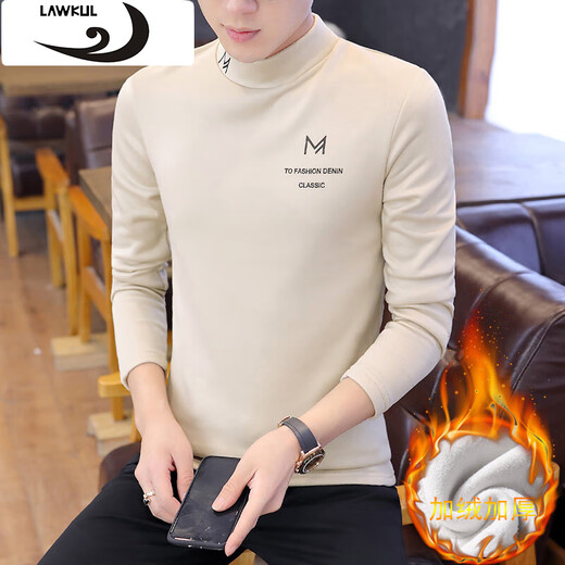 Langgu LAWKUL long-sleeved t-shirt for men in autumn and winter plus velvet and thickened half turtleneck bottoming shirt trendy slim and warm men's top T7151 Khaki XL