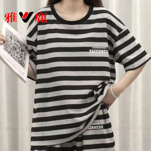 雅鹿睡衣女夏短袖纯棉2022新款韩版学生可爱家居服女春秋薄款大码套装 短袖套装--G6630 M 女--【80-100斤】