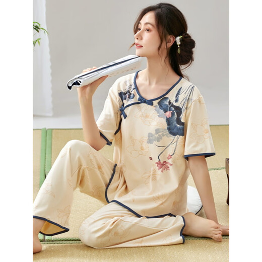 Eaeovni Frauen kurzärmeligte Pyjama-Set-Sommer-Dünnhosen im Sommer. Neue Kleidung für die Nachahmung des chinesischen Stils kann außerhalb von LZY9905 m getragen werden (empfohlen 75-95jin [Jin entspricht 0,5 kg])