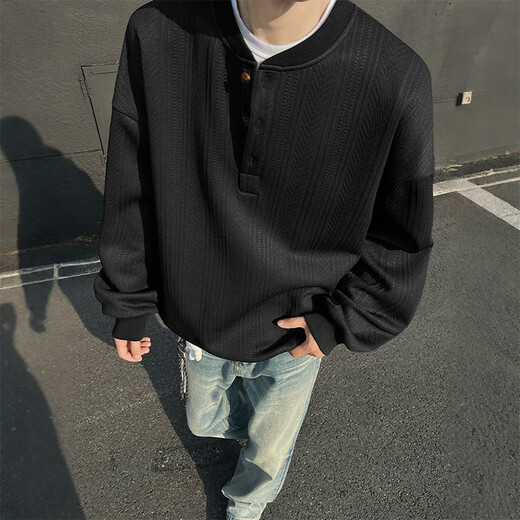 SWAMP AREA Henry collar textured long-sleeved T-shirt for men in spring and autumn layered inner layering shirt SWT607 black XL