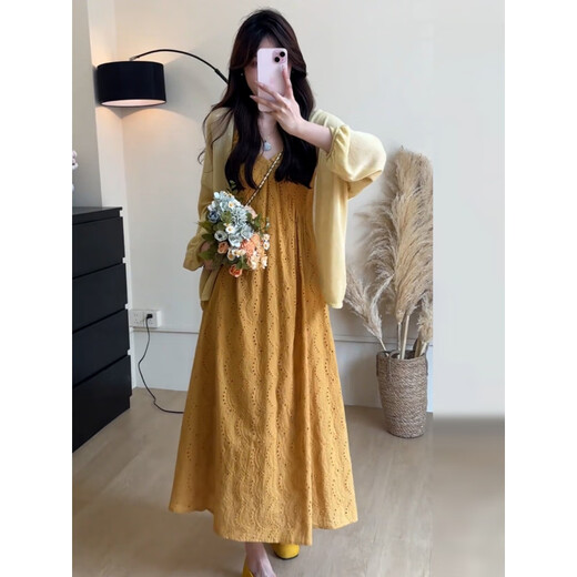 
Cotton French giant beautiful suspender dress for women in summer 2025 new hot seaside vacation style slim long skirt ginger dress L suggest 110-125Jin [Jin equals 0.5 kg]