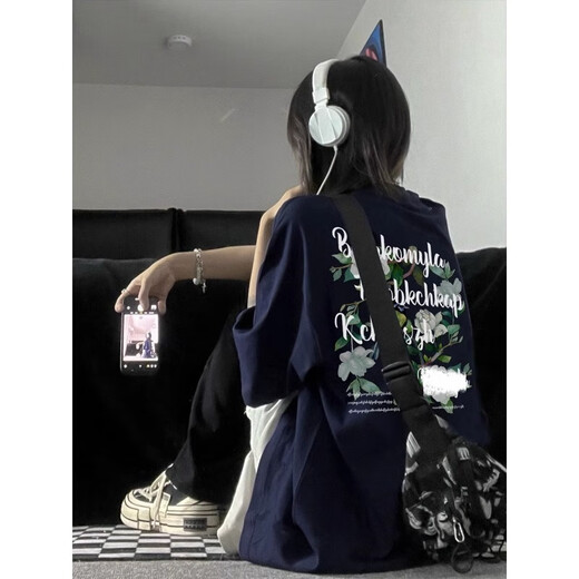 邦圻美式hiphop高街T恤女夏宽松大码慵懒风纯棉短袖ins潮牌情侣装 3880*藏青7 5XL