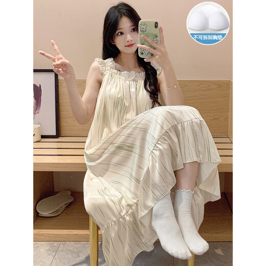 康多蜜冰丝睡衣女夏季薄款加长款吊带睡裙绸带胸垫士夏天水墨画感家居服 SSM-3887[自带胸垫] M [75-100斤]