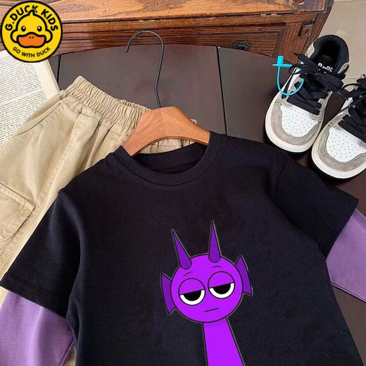 
G.DUCKKIDS children's T-shirt Spring and Autumn New Rhythm Box Game Peripheral Round Collar Clothes Boys and Girls Pure Cotton Top 1105 Purple Paired Black [Previous Print 06 Back Print 01] 110