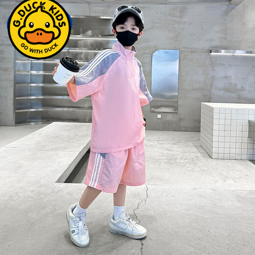 G.DUCKKIDS boys summer cool short-sleeved suit 2025 new medium and large children's outdoor sun protection clothing two-piece set boys half-sleeved trendy blue suit Children's Day gift 100 cm