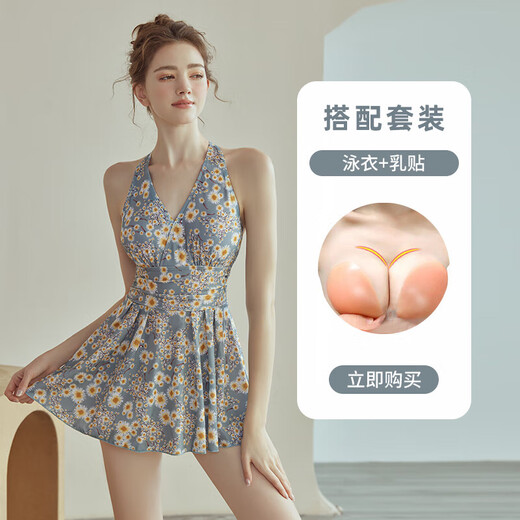 Zailu swimsuit for women 2025 new style for fat girls to cover their flesh and look slimming one-piece conservative hot spring swimsuit blue + chest patch M M suitable for 90Jin Jin equal to within 0.5kg