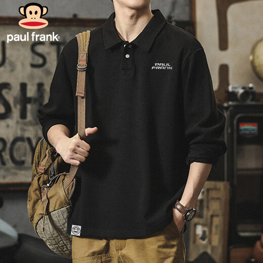 Paul Frank long-sleeved T-shirt men's solid color polo shirt men's spring and autumn American bottoming shirt men's tops dark gray XL