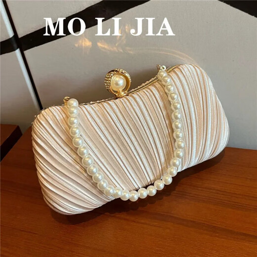 Yingtang Daisy Celebrity Dinner Clutch Women's Banquet Small Bag with Evening Dress Handbag Champagne Color + Pearl Short Chain