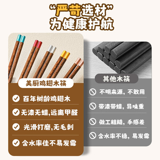 Maxcook wooden chopsticks, color-coded chopsticks, natural household chicken wing wooden chopsticks, 5 pairs of Jinfu round chopsticks MCK8562