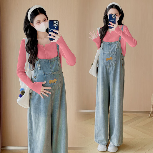 Mommy Ranqi's maternity autumn clothing 2025 new suit fashionable and age-reducing long-sleeved top denim overalls two-piece suit cow overalls + white top (suit) L
