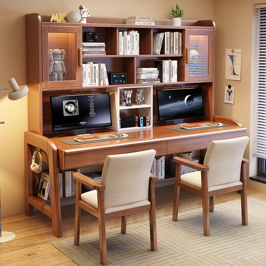 Kao solid wood double desk bookcase integrated office computer desk student living room study table 828#1.8m