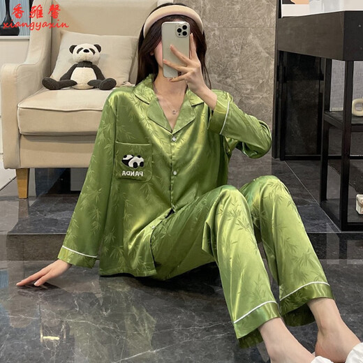 允桐感熊猫长袖睡衣女春秋季开衫冰丝薄款可外穿两件套家居服夏天 b693黑色小狗 L 码100-120斤