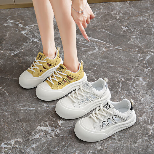 Zapatos para mujeres 2025 Nuevo verano hueco transpirable espesor grueso altura que mejora pequeños zapatos blancos de moda personalizados versátiles zapatos deportivos casuales ygnx-3103 amarillo 37