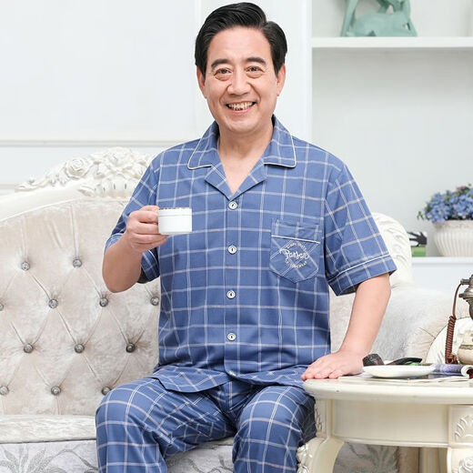 猫人 MiiOW睡衣男纯棉薄款短袖家居服套装老年爸爸男士睡衣夏季格子 短袖3937#图片色 XL 建议120-140斤