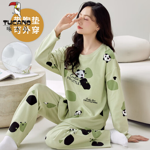 TUCANO;啄木鸟春秋季女士长袖睡衣套装自带胸垫一体棉大码家居服夏冬款薄款宽松 HRY1047 M (建议75-95斤)