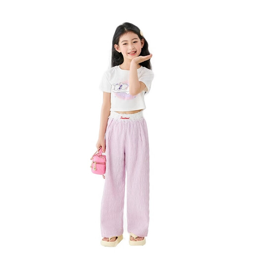 moonkids女童多巴胺短袖套装2025新款夏季儿童度假风穿搭夏装大童两件套薄 19119白色短款T+15277蓝色阔腿裤 120 cm