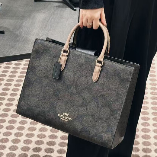 蔻驰（COACH）女包24年新款 Maggie 老花帆布 百搭托特包斜挎包 送女友节日送礼 黑色 CY677-IMXI8（大号） 尺码咨询客服