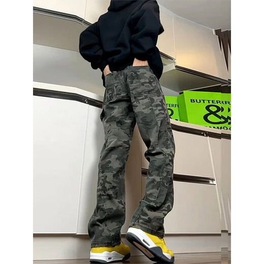 Shelley Jones military green scimitar camouflage jeans men's autumn slim-fit logging workwear pants American high street straight bootcut pants camouflage color L recommended 100-120Jin Jin equals 0.5 kg