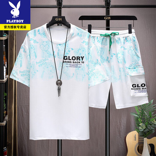 Los nuevos pantalones cortos de manga cortos de Playboy's Summer Products se establecen una camiseta informal coreana, pantalones de cinco cuartos, traje deportivo juvenil de dos piezas, azul 6187-set XL