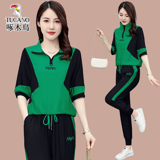Woodpecker Ice Silk décontracté ensemble féminin 2025 Été Nouveau Âge de la mode en liberté réduisant les vêtements de sport à manches courtes (1389) Black M (suggéré 100 Jin [Jin est égal à 0,5 kg] ou moins)