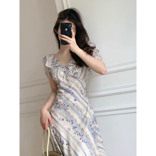 
Cotton French oblique cut design lotus leaf collar dress for women 2025 summer new style slim waist long skirt purple L 105-115Jin[Jin equals 0.5 kg]