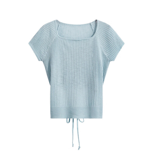 Ninggu Wei Korean style new summer ice silk strap short-sleeved sweater for women pure lust hot girl right shoulder design top apricot sweater one size