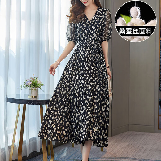 Ehangy国际轻奢女装连衣裙夏季2025新款显瘦时尚洋气遮肚子印花宽松裙子 黑色【高端礼盒】 L 105-120斤