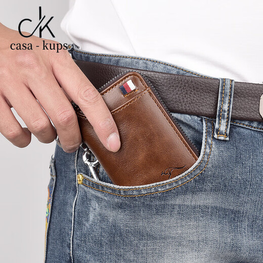 casa-kups genuine leather wallet men's multi-functional one-piece key bag short wallet anti-theft brush anti-demagnetization soft pickup bag red brown