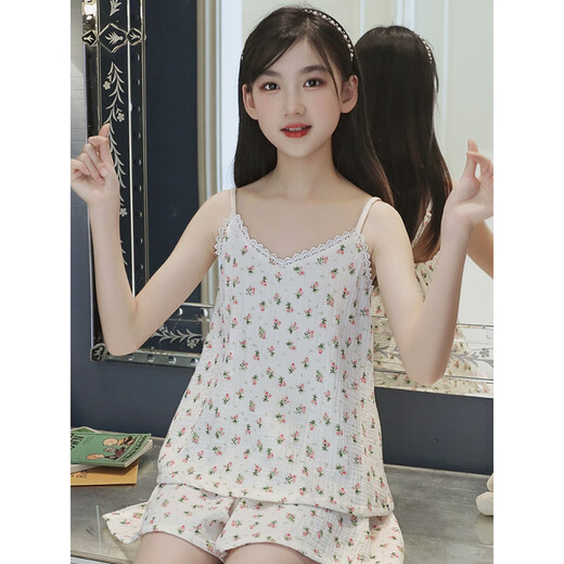 Pema Chat Pyjamas Kindermädchen Große Kinder Hosenträger Pyjamas Pyjamas Hosenanzug Mädchen Ärmeloses koreanisches Riemen Center Weste zwei Stücke Dünnstil LDE-11304# Blue Cherry 170 Größe 16 Höhe 135-140 cm Gewicht 50-