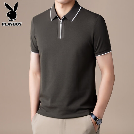 花花公子（PLAYBOY）高端半拉链Polo衫男士短袖t恤夏季新款宽松冰丝半袖上衣服男T舒适 FYMB9276草绿色 L 【111-120斤】