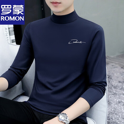 罗蒙（ROMON）男士打底衫纯棉秋冬加厚莫代尔半高领长袖t恤上衣服内搭中领秋衣 C6187黑色 M
