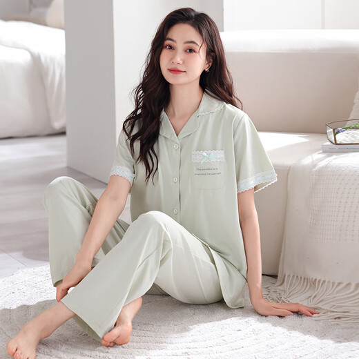 MUJI COM无印muji睡衣女士夏季纯棉带胸垫薄款短袖长裤可外穿家居服夏天防 Z693柔粉(带胸垫) M 建议80-105斤