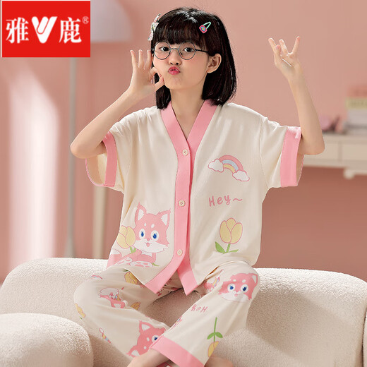 
Yalu children's pajamas girls summer cotton short-sleeved trousers thin spring and autumn girls cartoon medium-sized children's home clothes set Lively pig-1283 cotton girl 170 size 8 (height 95-105CM)