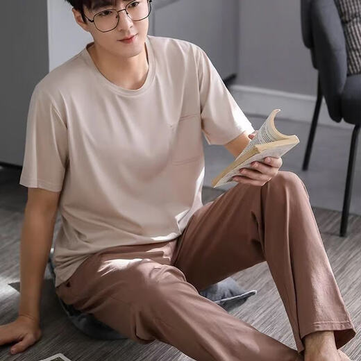 Yalu Pyjamas Herren Sommer kurzärmelige Hosen Hauskleidung Dünne Eis Seide Kühl einfacher Anzug modal kurzärmelig + Hosen 2677 L Empfohlen 100-120