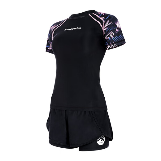 Zhouke's new women's swimsuit boxer short-sleeved sun protection quick-drying training vacation large size conservative suit black pink flower_124601217 M