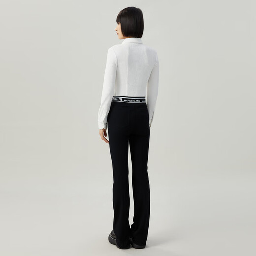 AMASS women's fashionable and versatile casual letter webbing four-sided elastic small black micro-flare formal suit pants for women 5100460 signature fabric-black M (size 3)